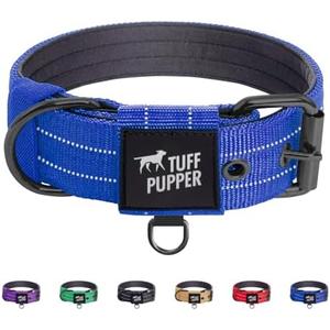 Tuff Pupper Heavy Duty Tactical Dog Collar | 1.25" Wide Ballistic Nylon | Reflective Stitching | Integrated ID Tag Holder | Stainless Steel Buckle | Padded Lining | Small & Medium Dogs (Blue, M)