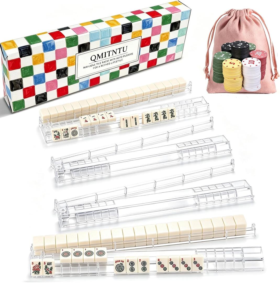 Mahjong Racks with Pushers Set of 4, Non-Slip, 60 Numbered Chips,Clear, 17.4 x 3.1 x 0.82 inches