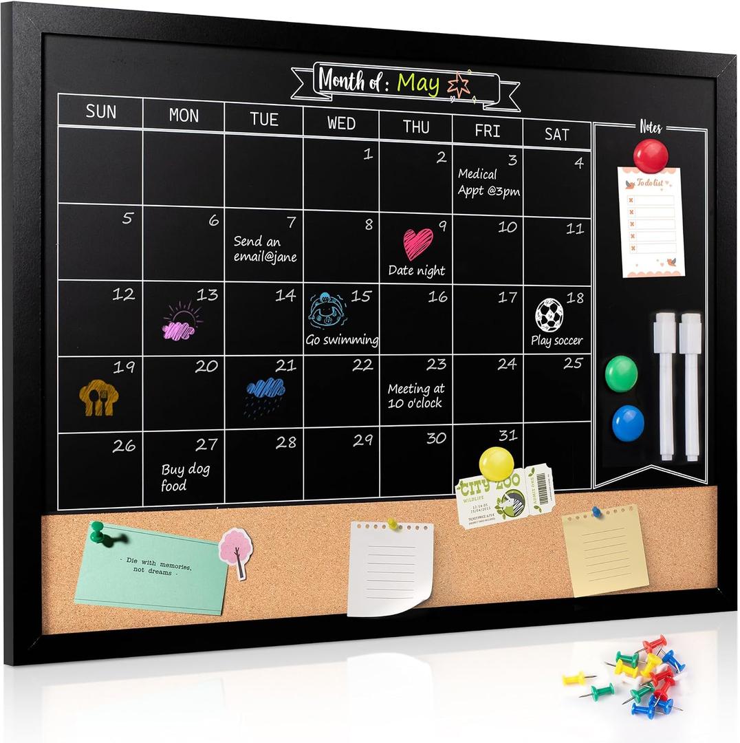 Board2by Monthly Chalkboard Calendar & Cork Board for Wall, 18" x 24" Magnetic Chalk Calendar Board Combo Board, Hanging Wood Frame Combination Board Blackboard with Pens for Office, School, Home