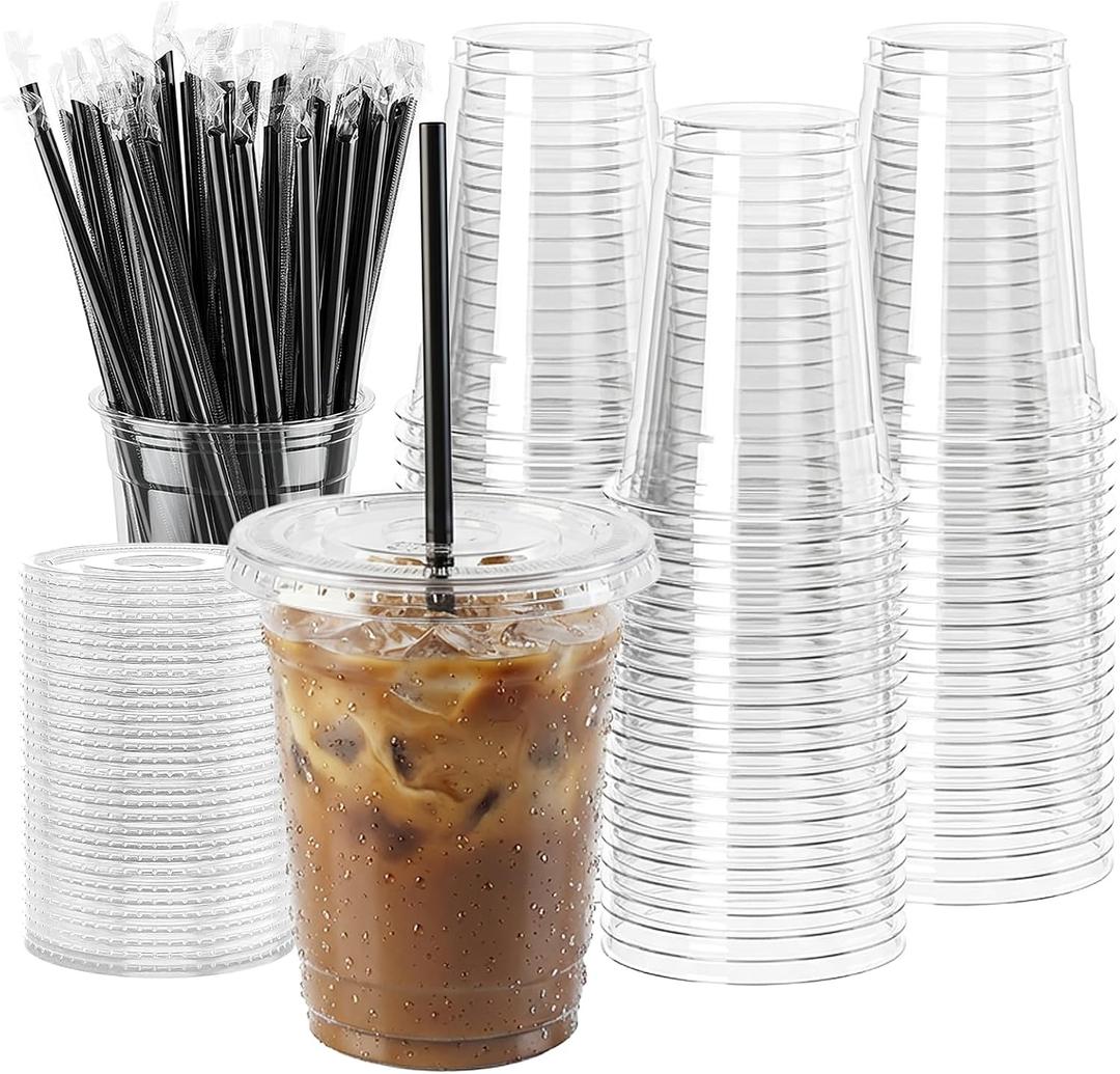WUHUIXOZ [200 Sets - 12oz Plastic Cups with Lids and Straws, Disposable Cups for Iced Coffee, Smoothie, Milkshake, Cold Drinks - Clear