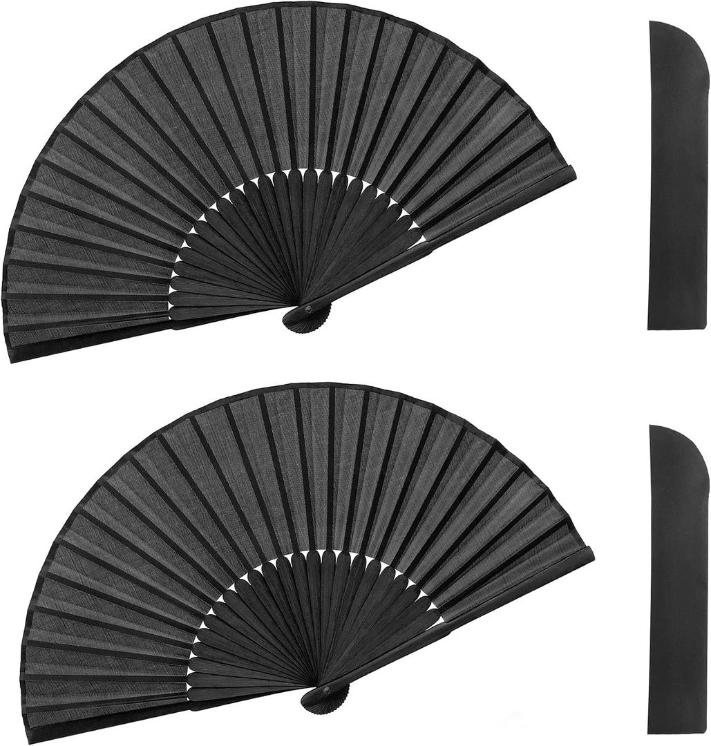 2 x Quacc 2 PCS Black Folding Hand Held Fans Light Strong Thin Fabric Chinese Handheld Tai Ji Fan for Men and Women, Wedding, Dance, Kungfu, Martial Art, Decorations, Party Favor, Gift