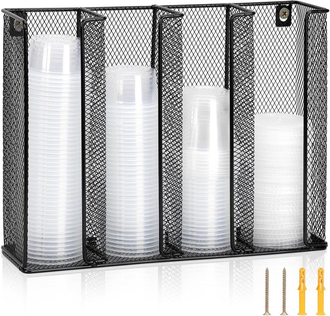 Wall Mount Portion Sauce Cup Lid Organizer 4 Compartments Iron Sauce Cup Dispenser Black Cup and Lid Holder Organizer Fits Cups Size 2 to 5.5 oz For Kitchen Counter Restaurant Coffee Bar 13x10x3.3 In