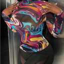 Women's Marble Print Long Sleeve Tee Shirt Mock Neck Slim Fitted Party Club Mesh Tops (M)