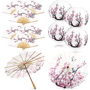 Tallew 12 Pcs Cherry Japanese Blossom Decor Set Chinese New Year Decorations 4 Blossom Pink Paper Lanterns 2 Umbrella and 6 Handheld Silk Folding Fans for Wedding Party Favor, Dancing, Cosplay