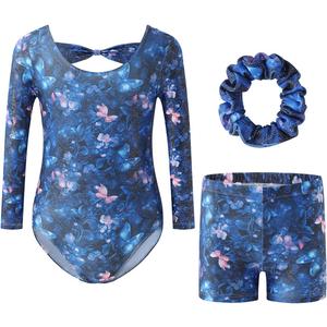 RONGTAI Gymnastics Leotards for Girls Long Sleeve Unitards Biketards with Shorts Matching Hair Scrunchie Outfits 3-12 Years (6-7 Years, Butterfly)