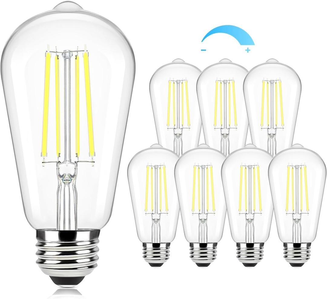 Brightever Edison Light Bulbs 60W Equivalent, Dimmable Light Bulbs, 7W, 850LM Vintage E26 LED Bulb 5000K Daylight White, 90+CRI, ST58 Clear Glass Antique LED Filament Bulb for Porch, 8 Pack