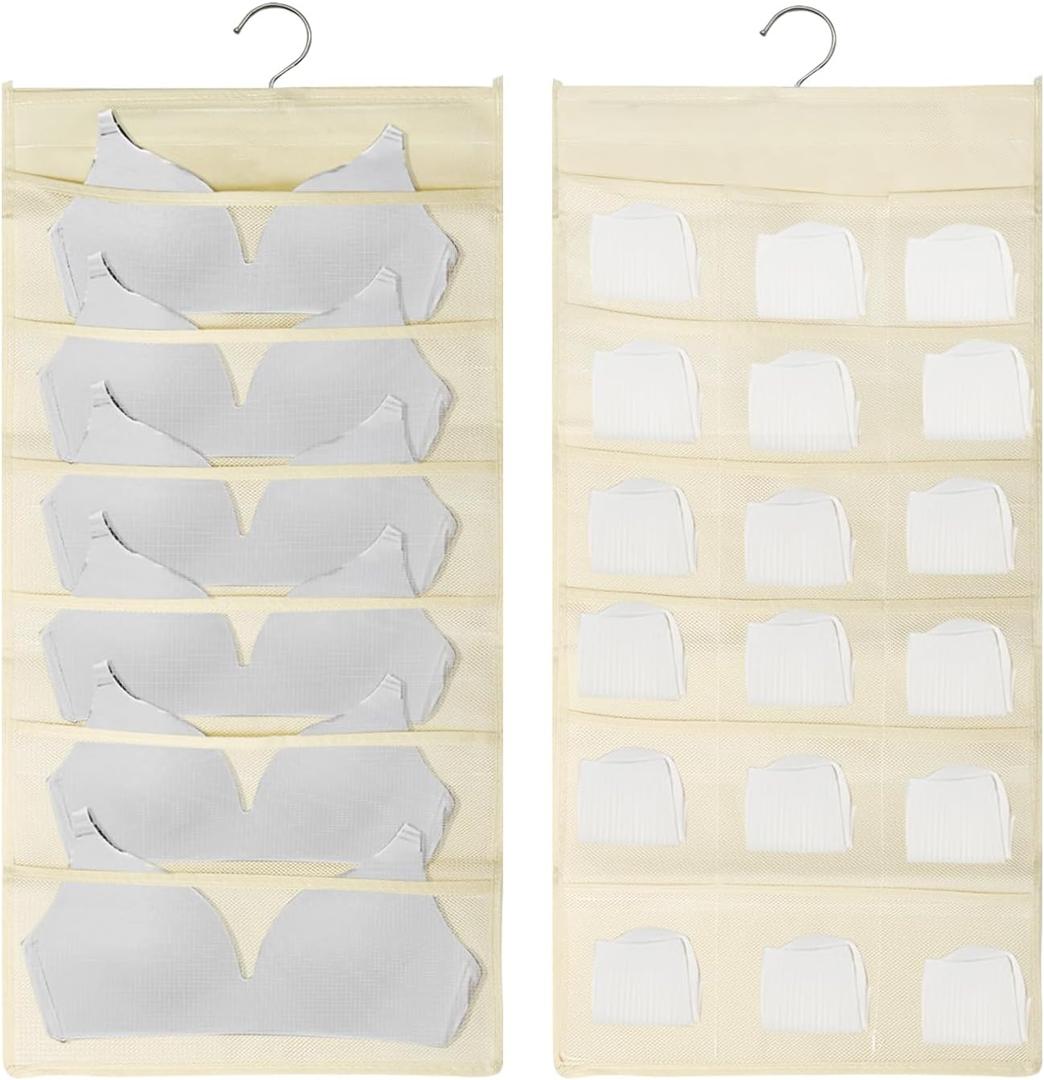 Bra and Underwear Closet Hanging Organizer, LIOUCBD Mesh Pockets & Rotating Metal Hanger, Dual Hanging Storage Bag for Bra Socks Underwear Underpants (6+18 Pockets Beige)