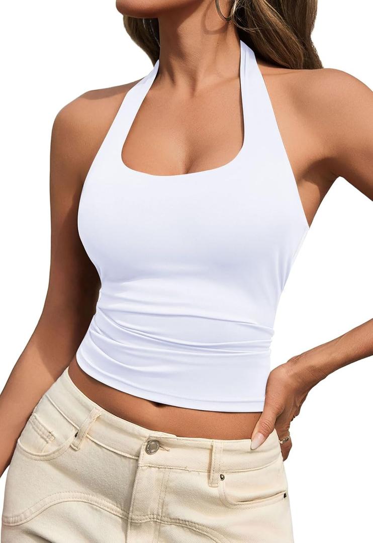 Halter Tops for Women Trendy 2025 Summer Going Out Tops Sexy Backless Sleeveless Workout Tank Top Cute Y2k Clothes (White), XS