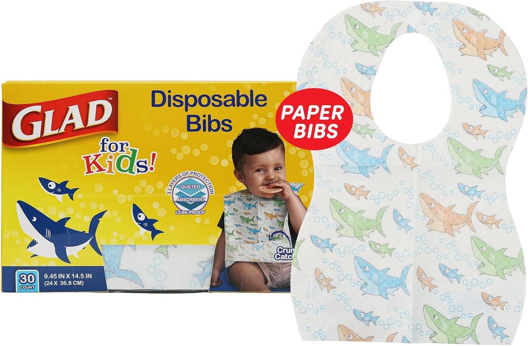 Glad for Kids Sharks Paper Bibs, 30 Count - Disposable Paper Bibs with Cute Sharks Design for Kids - Travel Bibs for Kids - Art & Craft Disposable Kids Bibs