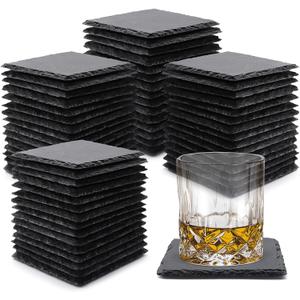 60 Pack Slate Drink Coasters, VIBRATITE 4 Inch Black Slate Stone Coasters Bulk Cup Coaster Laser Engraving Blanks with Anti-Scratch Bottom for Drink Coffee Bar Kitchen Home Decor, Square
