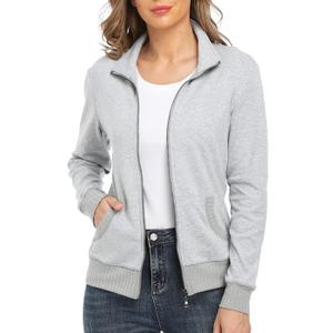 Women's Zip up Sweatshirt Jacket Stand Collar Hoodless Running Sweatshirt with Pockets (Medium, Long Sleeves - Light Grey)