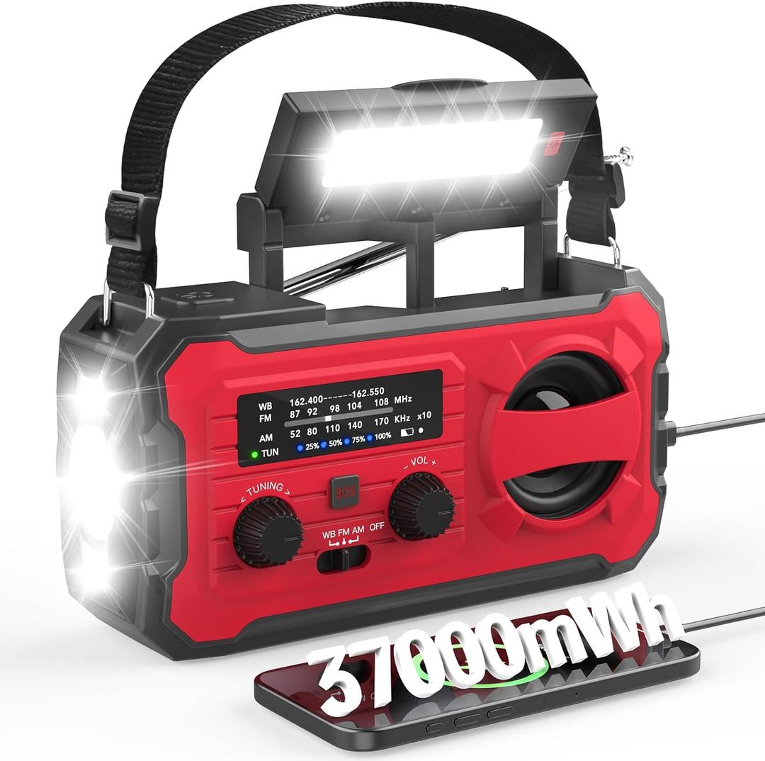 10000mAh Emergency Radio, NOAA Weather Radio with AM/FM, 37000mWh Rechargeable Phone Power, USB/Solar/Hand Crank Charging, LED Flashlight, SOS Alarm, Reading Lamp for Indoor/Outdoor Emergencies (Red-Black)