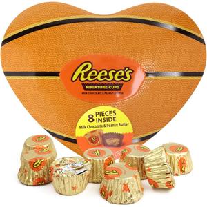 Valentine's Hershey's Heart Shaped Tin, Basketball Themed Container Filled with Miniature Reese Peanut Butter Cups, Gift Basket, Part Favors, & More, 3.7 Ounces BBD: 01AUG26