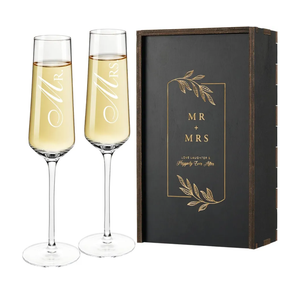 AW BRIDAL Mr and Mrs Gifts Wedding Champagne Flute Set of 2, Bride and Groom Champagne Glasses with Wood Keepsake Box, Engagement Gifts for Women, Bridal Shower and Wedding Gift for Couples