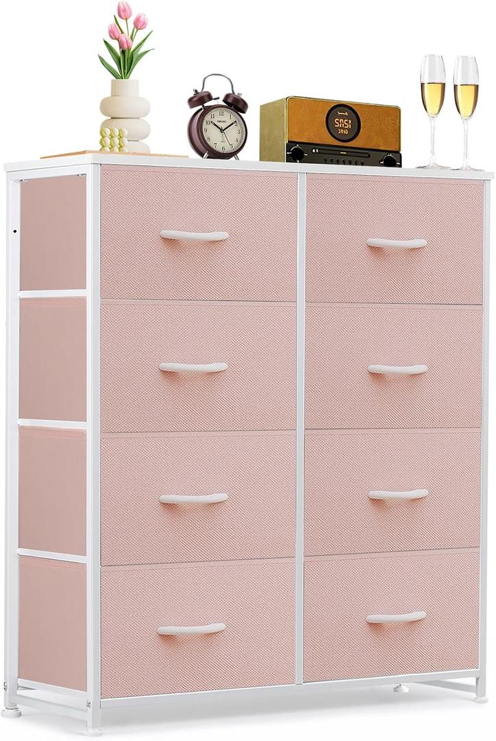 8-Drawer Dresser for Bedroom, Anti-Tip Tall Storage Organizer Chest of Drawers with Wooden Top and Metal Frame Fabric Bins for Closet, Living Room, Hallway, Entryway, Pink, 11.8"D x 31.4"W x 36.3"H