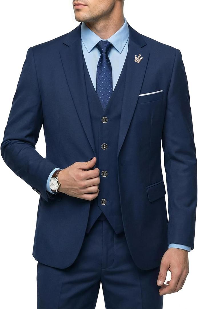 Hihawk Men's 3 Piece Suit Set with Tie, One Button Solid Slim Fit Jacket Vest & Pants, Suits for Mens Wedding Party Business (XX-Large, Deep Blue)