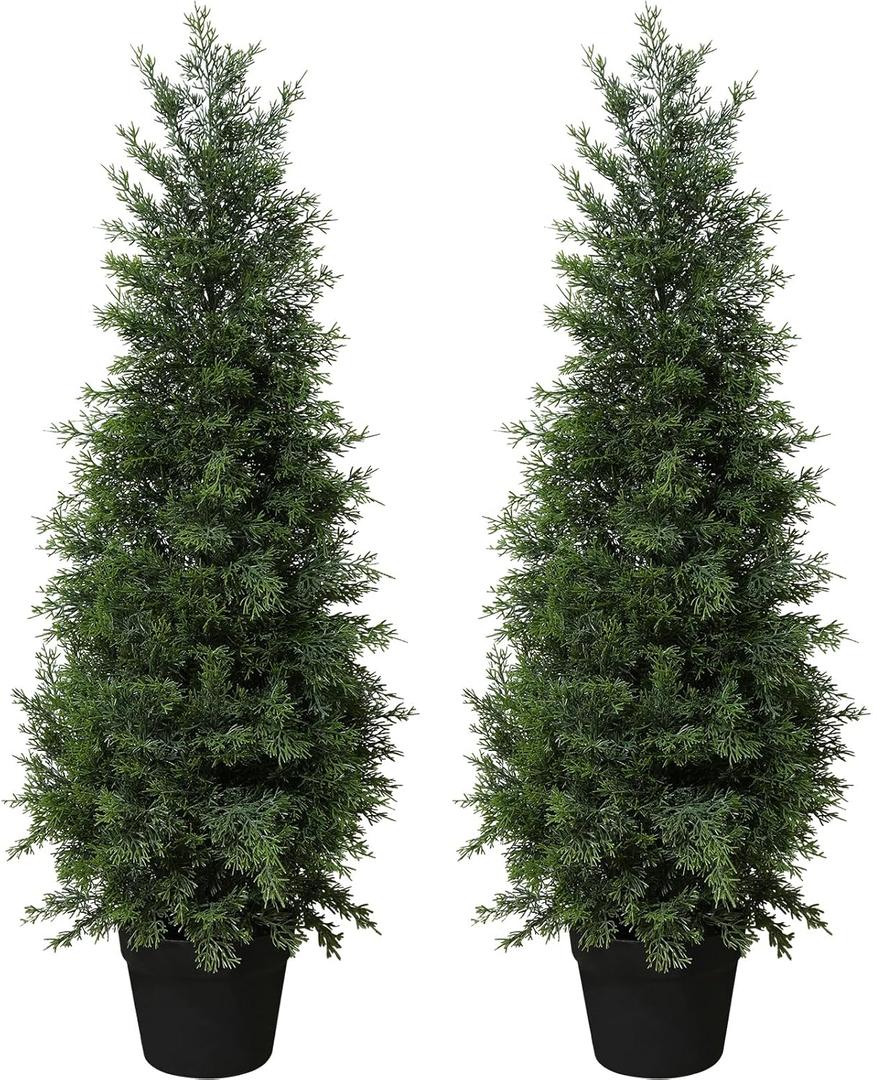 LOMANTO Outdoor Artificial Topiary Cedar Tree 3Ft UV Rated Potted Plants 2Pack Fake Tree for Porch Decor Faux Pine Plant for Housewarming