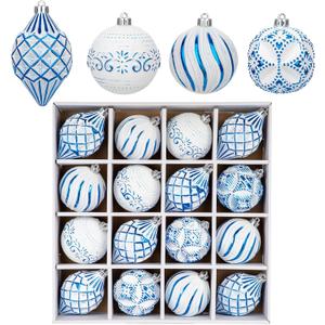 16PCS Shatterproof Christmas Ball Ornaments Set, Hand-Painted Holiday Decor with Assorted Sizes & Designs for Christmas Tree Thanksgiving Party Decoration, Blue-White