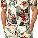 JOGAL Men's Flower Casual Button Down Short Sleeve Hawaiian Shirt Suits (S)