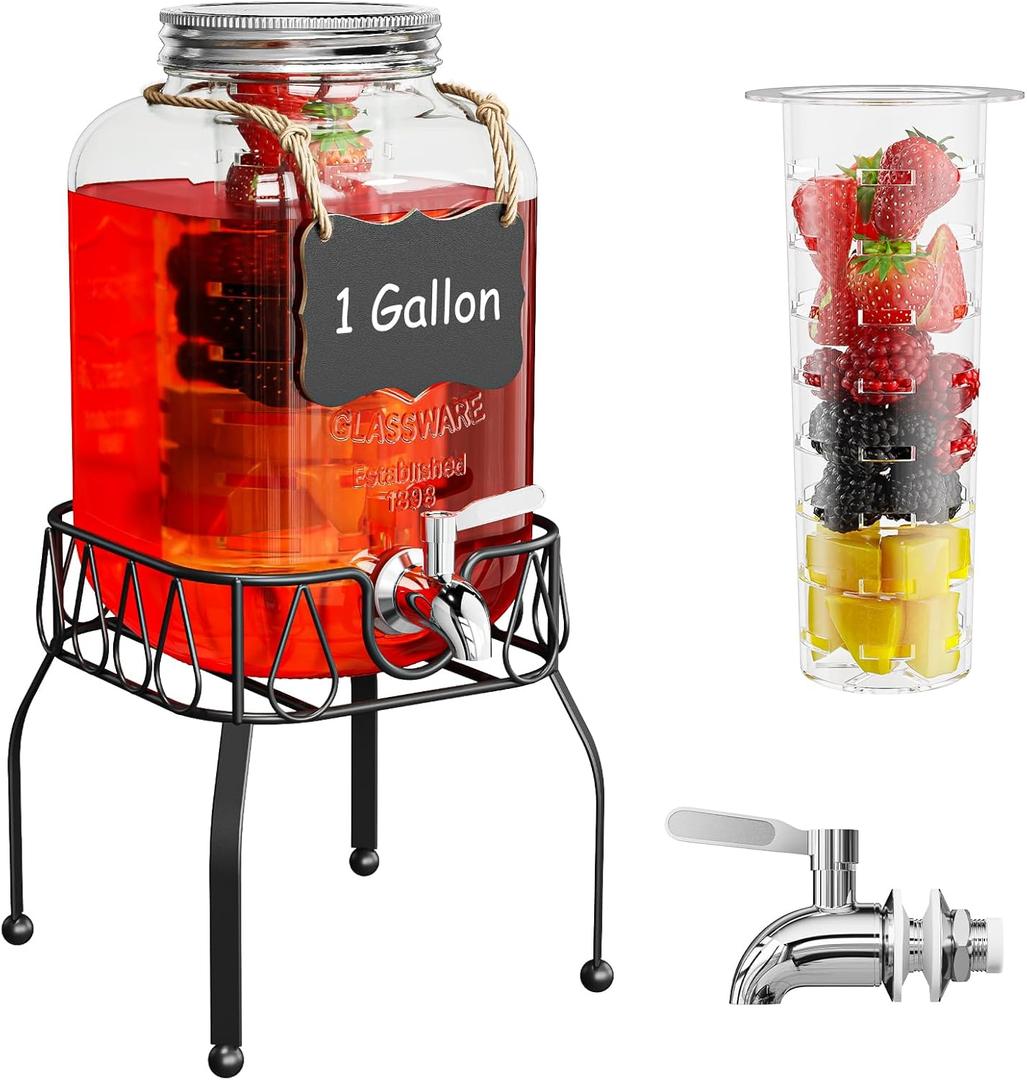 OneDream Glass Drink Dispenser for Parties, 1Gallon Beverage Dispenserd with Stand, Lemonade Dispenser with Stainless Steel Spigot and Fruit Infuser, Come with Ice Cylinder, Used as Sun Tea, Juice (1 Gallon)