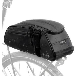 WOTOW Reflective Rear Rack Bag, Water Resistant Bike Saddle Panniers for Bicycles Ebike, 8L Trunk Cycling Back Seat Cargo Carrier Storage Pouch With Shoulder Strap for Travel Commute (Black)