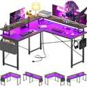 Armocity L Shaped Computer Desk with Power Outlets, Gaming Desk L Shaped with LED Lights, Corner Desk with Storage Shelves, Work Study Desks for Bedroom, Home Office Small Spaces, 47'', Black Walnut