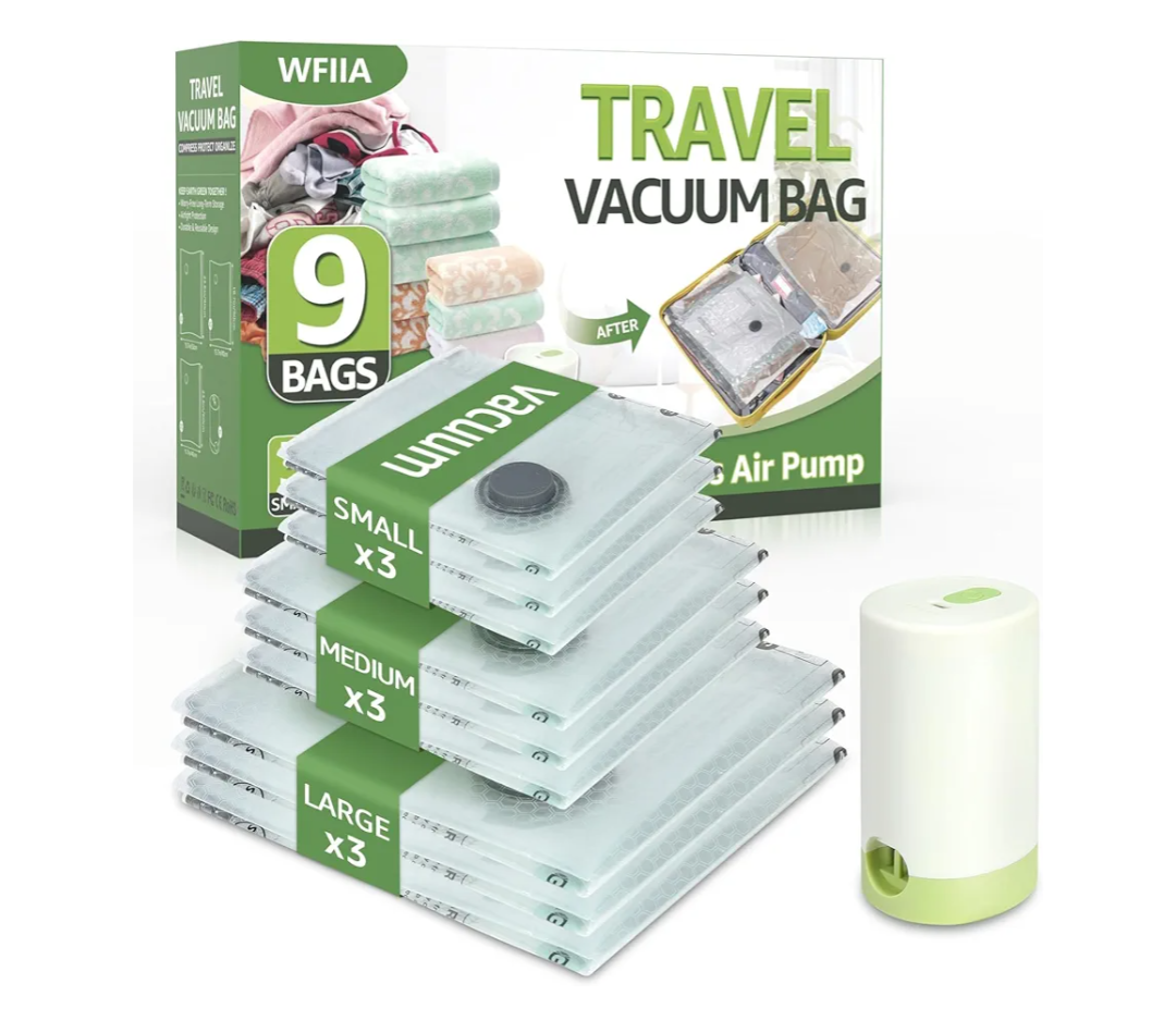 Vacuum Bags for Travel with Rechargeable air Pump, 9 Packs of 3 Sizes Vacuum Seal Bags for Clothing (9 Combo Set)