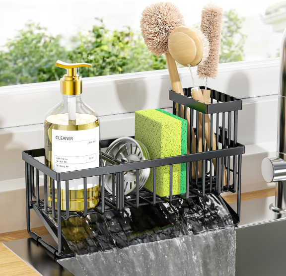 Cisily Sink Caddy Sponge Holder for Kitchen with Brush Holder and Stainless Steel Self Drain Tray, Rustproof Kitchen Sink Organizer for Sponge, Soap Dispenser Storage Accessories