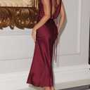 Womens Elegant Satin V Neck Backless Sleeveless Maxi Dress Silk Tie Low Back Formal Cocktail Dresses Wedding Guest (Red, M)