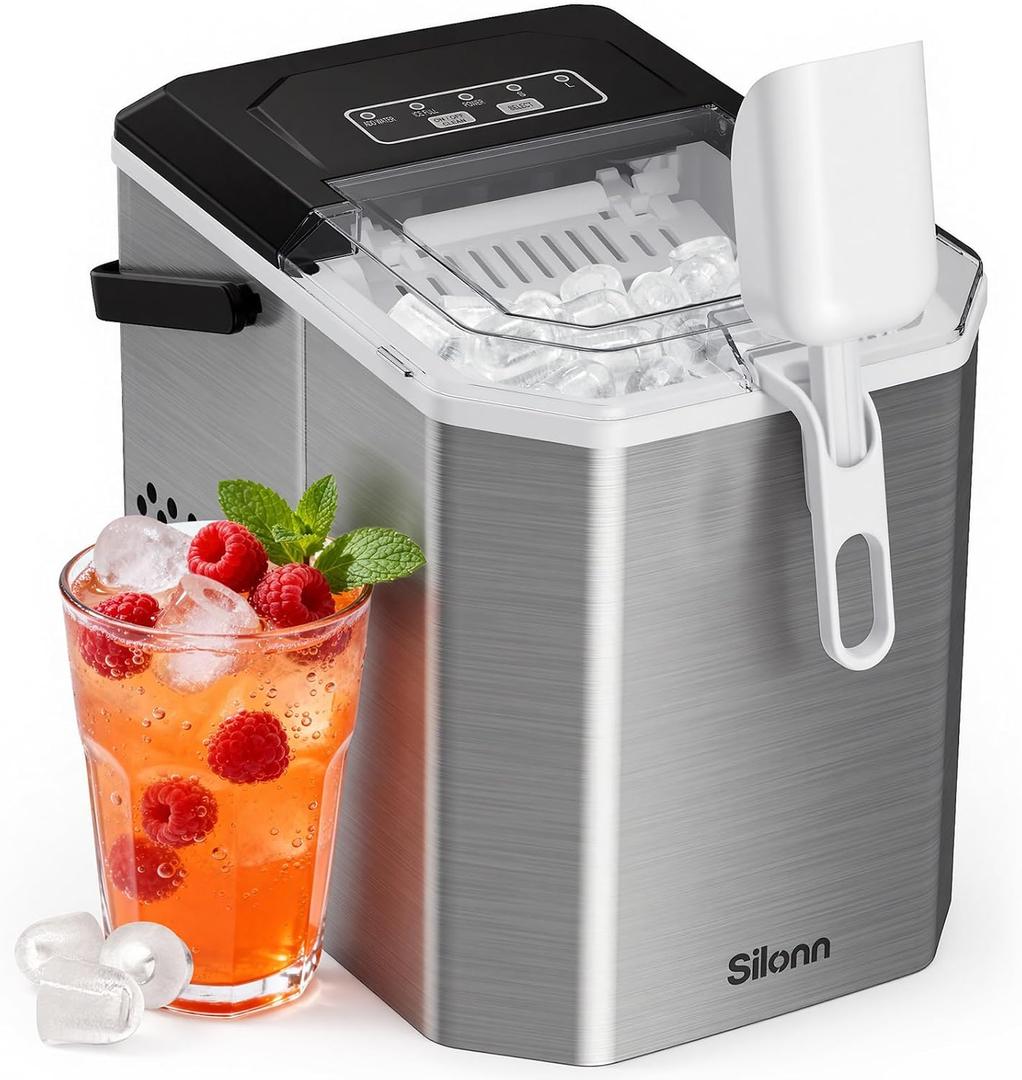 Silonn Ice Maker Countertop, Stainless Steel Portable Ice Machine with Carry Handle, Self-Cleaning Ice Makers with Basket and Scoop, 9 Cubes in 6 Mins, 26 lbs per Day (Silvery)