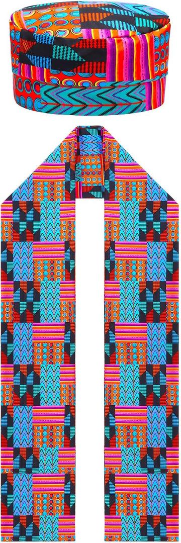 Geyoga 2 Pcs African Kente Pattern Kufi Hat Kente Kufi Hat Men and African Print Shawl for Emancipation Day Black History Choir Dance Men Women