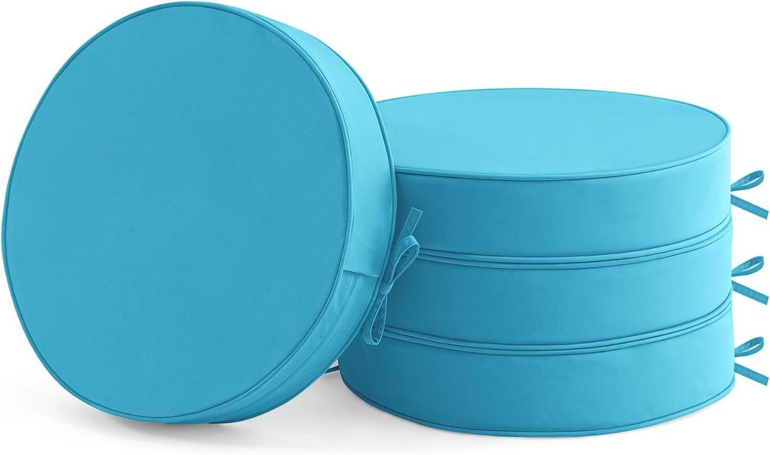 Summsun Outdoor Bistro Chair Cushions Set of 4, 15" D x 3" H Round Chair Cushions Waterproof and Fade Resistant Chair Cushion Pads with Non-Slip Ties and Removable Covers for Garden, Teal