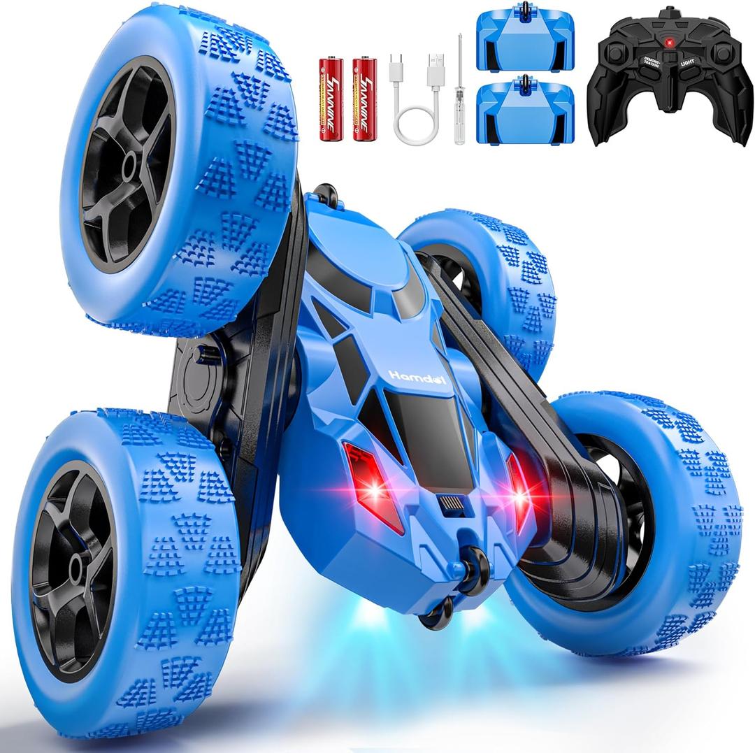 Hamdol Remote Control Stunt Car for Kids, 360 Spinning Double-Sided RC Toy with Headlights, 4WD USB-C Rechargeable Vehicle for Boys Ages 612, Educational STEM Toy