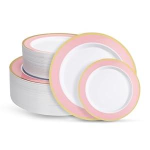 Glowserve 100PCS Pink Disposable Plastic Plates Include 50PCS 10.25inch Dinner Plate and 50PCS 7.5inch Dessert Plate Heavy Duty Plastic Dinnerware for Party Wedding Anniversary New Year