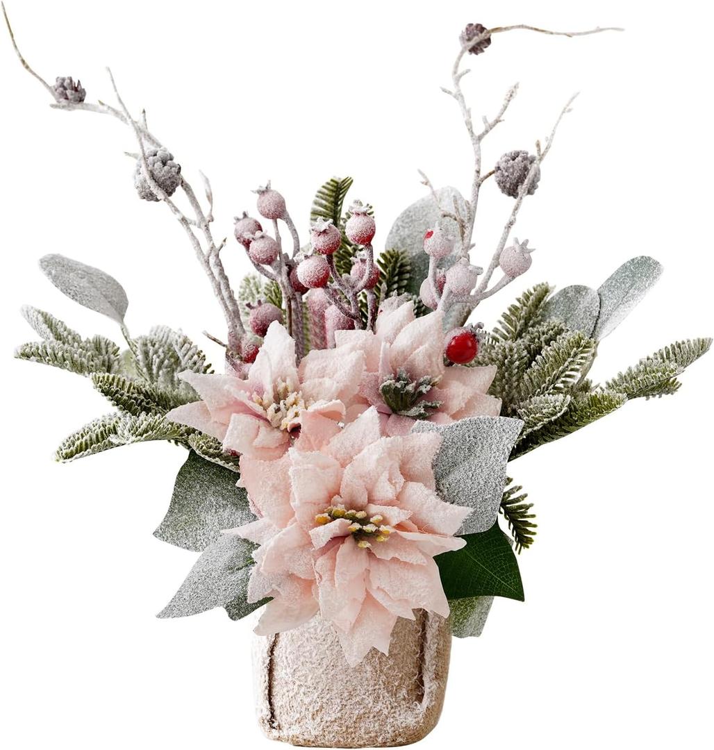 Artificial Poinsettias Christmas Flowers with Red Berry Pine Cone Branches Linen Base, 12 Faux Poinsettias Plants for Home Office Table Fireplace Winter Indoor Christmas Decorations Pink (3 In)