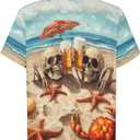 Mens Beer Skull Print Button Down Shirt Fun Hawaiian Shirts Casual Beach Shirt Short Sleeve (XL)