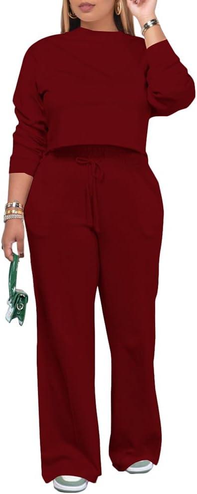 PINSV Women's 2 Piece Outfits Sweatsuit Set Long Sleeve Crop Top Drawstring Wide Leg Pants with Pockets Track Suits Casual Sets Wine XL