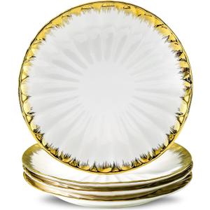 Dinner Plates, Ceramic dinner plates Set of 4, White Dinner Plate with Gold Rim, 10 Inch Dinnerware Dish Set for Kitchen Round Salad-Plates, Dessert Appetizer plate Serving Dishes for Parties