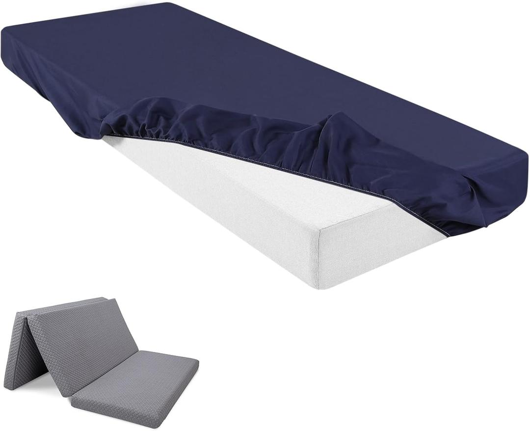 Breling Fitted Sheet (Sheet Only) Compatible with Milliard Trifold Mattress Folding Mattress Fitted Microfiber Bedsheet for Camp Bunk Rvs Bed(Navy Blue,Single,4'')