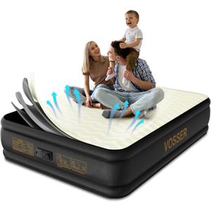VOSSER Queen Air Mattress with Built-in Pump,18'' Foam Topper Blow Up Mattress,Luxury Inflatable Mattress 2 Mins Self-Inflation/Deflation - Breathable and Flatness-Free for Camping, Home & Guests