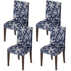 Horaldaily 4PCS Christmas Dining Blue Chair Covers, Simple Snow Stick Figure Stretch Removable Washable Slipcover Chair Protector for Dining Room Home Decor