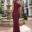 Isolde Women's One Shoulder Formal Evening Gown Built-in Bra Ribbon Elegant Bodycon Mesh Ruched Maxi Dress (Burgundy, M)