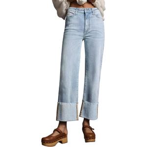 Lesore Womens High Waist Wash Denim Wide Leg Straight Leg Jeans Pants with Cuffed Hem (Blue)