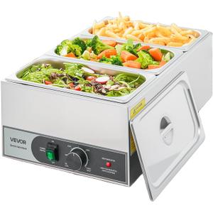 VEVOR Commercial Food Warmer, 1200W Electric Stainless Steel Steam Food Warmer, Fast Heating Countertop Buffet Bain Marie with Three 1/3 Size Food Pans, for Catering, Restaurants, Parties & Buffets