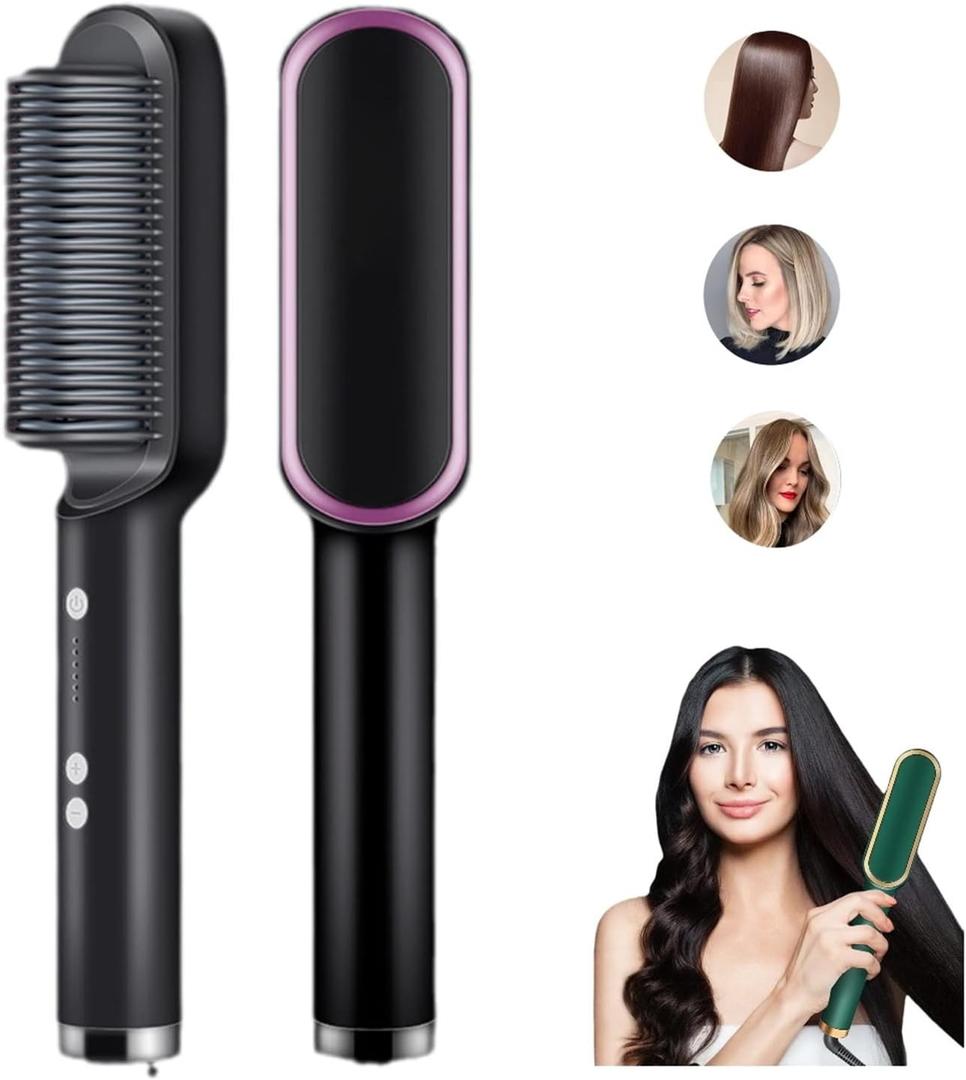 2023 New Negative Ion Hairs Straightener Styling Comb With 5 Temp, 2 In 1 Hair Straightener Brush And Curler, Portable Electric Straightening Comb Heated Hair Brush 10s Fast Heating Anti-Scald (Black)