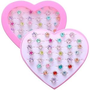 PASEMM 36pcs Little Girl Rhinestone Gem Rings,Adjustable,Random Color Style Diamond Kids Play Rings in Box,Pretend Play and Dress Up Rings for 4-12 Year Old Girl Birthday Gifts, 3 4 5 6 7 8 9 10 11 12