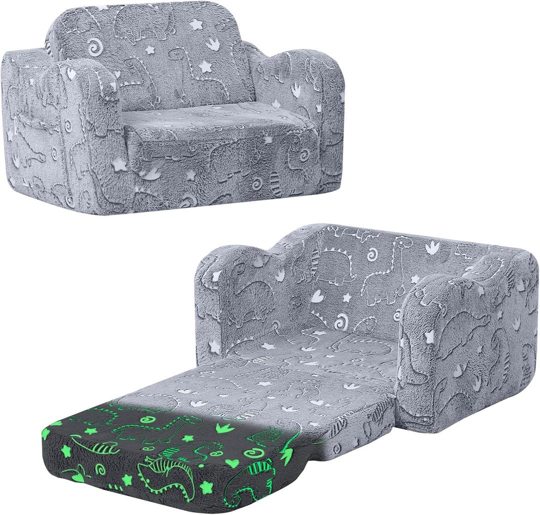 MeMoreCool Glow-in-the-Dark Dinosaur Kids Couch, 2-in-1 Foldable Kids Couch and Sofa Chair for Playroom Nursery, Soft Foam Fold Out Lounger for Boys Ages 1-3, Washable Cover, Gray | Reading, Lounging
