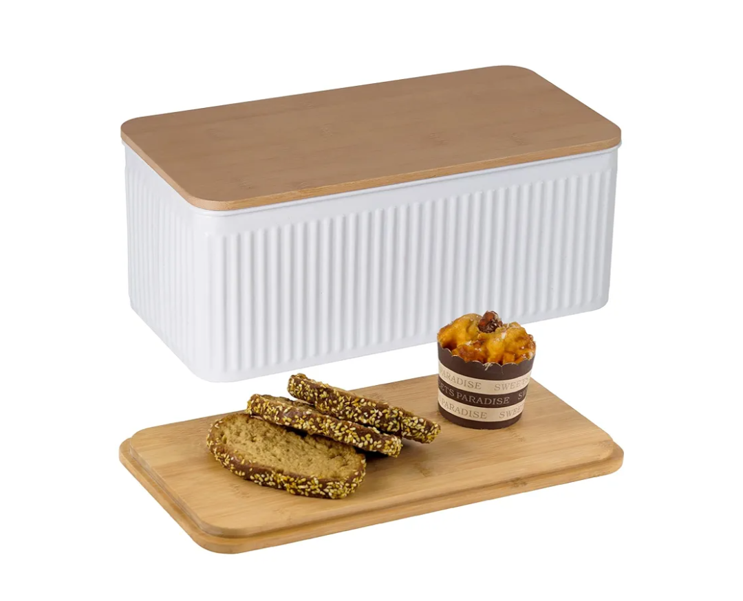 Large Bread Box for Kitchen Countertop Corner Breadbox for Homemade Bread Metal White Vertical Stripe Pattern Embossed Bread Storage Container Bin with Bamboo Lid