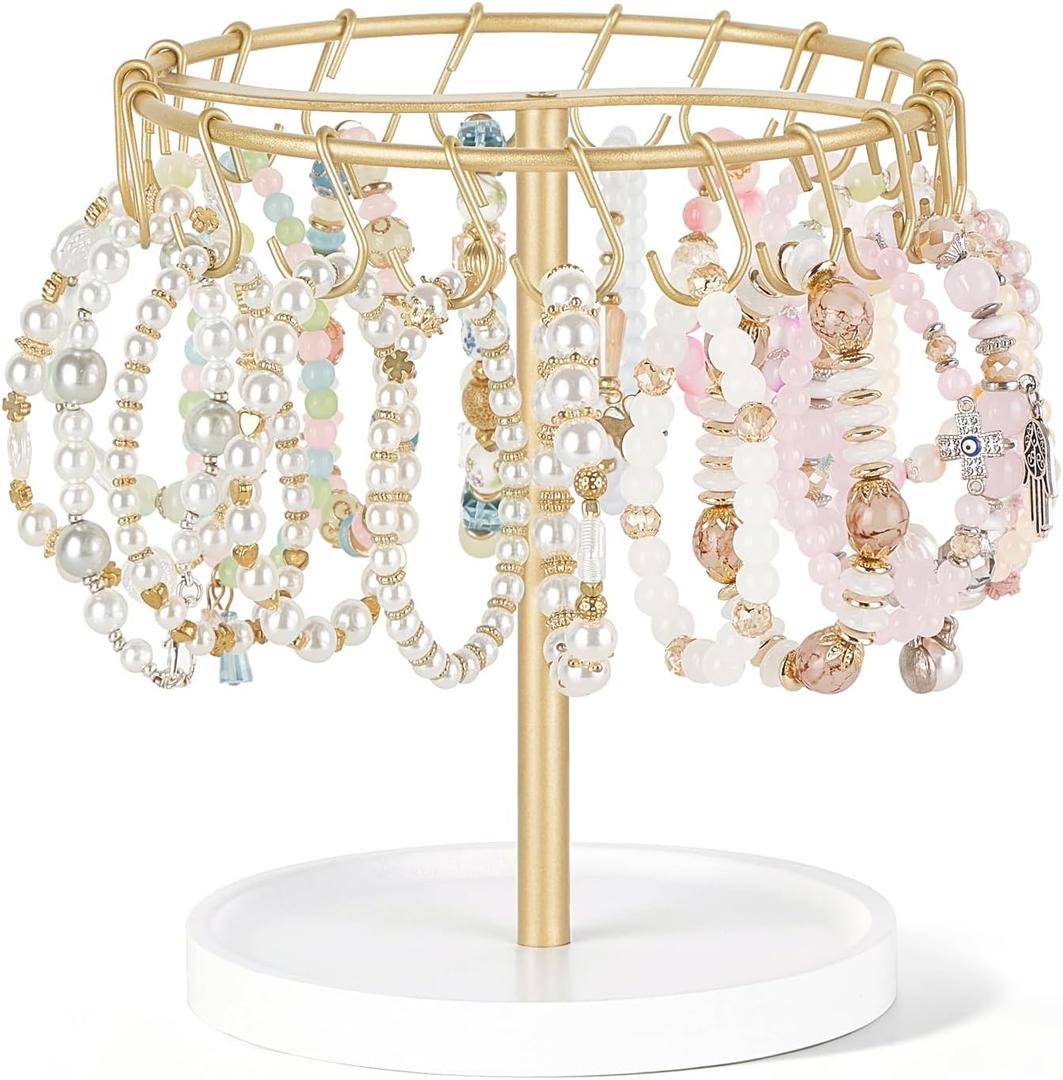 Mkono Bracelet Holder Gold Bracelet Display Stand with Tray Metal Jewelry Organizer with 40 hooks Modern Storage Rack for KeyChain Accessories Selling Bedroom Decor Dressing Table