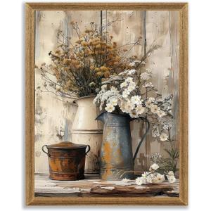 Krtoni Framed Farmhouse Vintage Canvas Wall Art, Country Floral Daisy Picture Wall Decor, White Jasmine Flowers and Rust Kettle Poster Print for Living Room Bedroom Bathroom Rustic Decor 10''L x 8''W